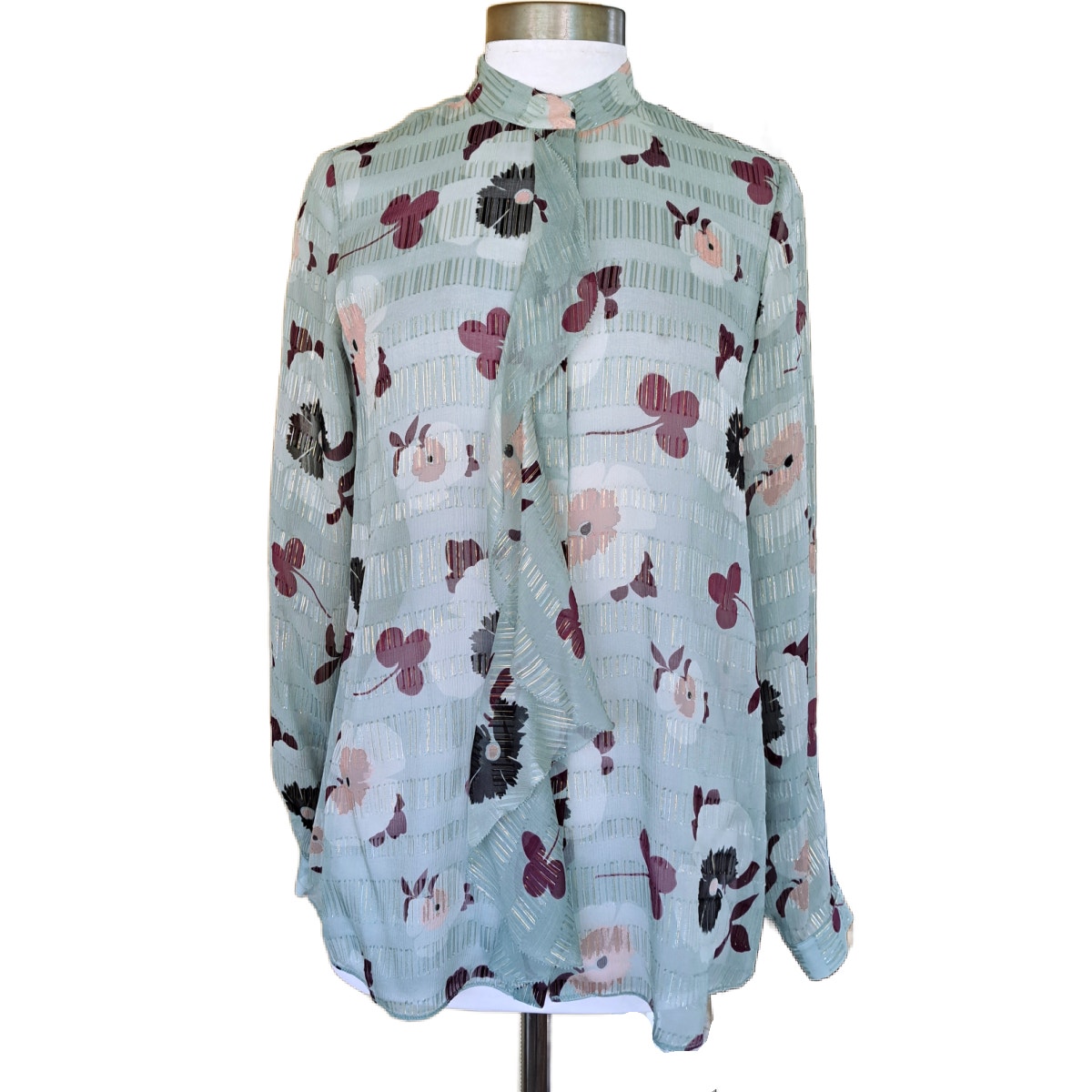 Carlisle Floral Metallic Cascade Ruffle Chiffon Blouse Size 4 Top Sage